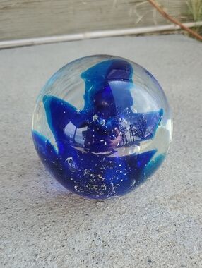 Hand Blown Art Glass Paperweight Blue Turquoise Swirl Orb Decor